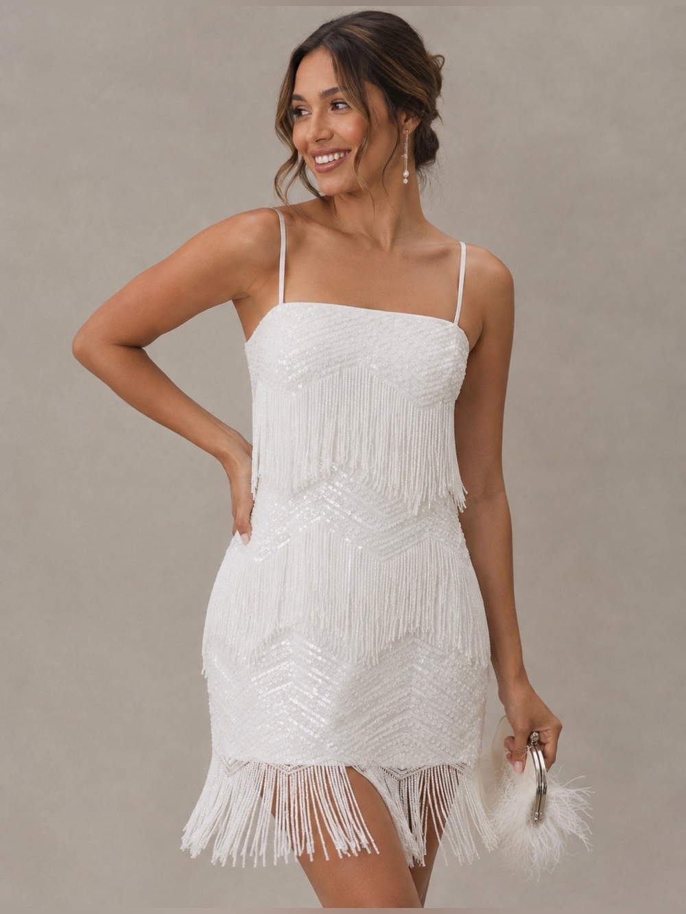 White Beaded Fringe Slip Dress